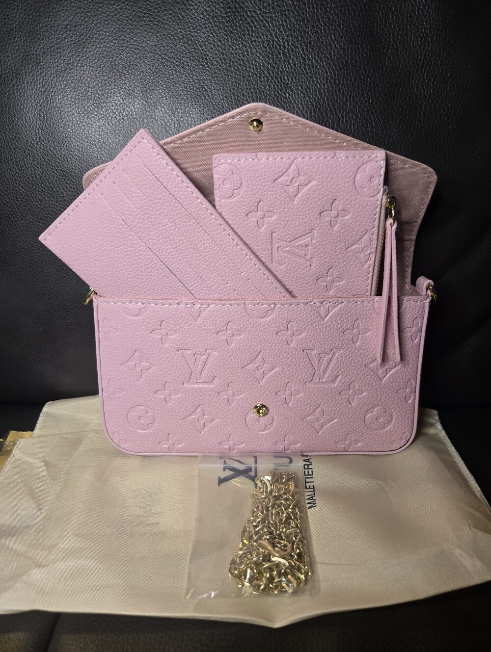 Pink Monogram Embossed Leather Wallet Set Crossbody (3pcs)